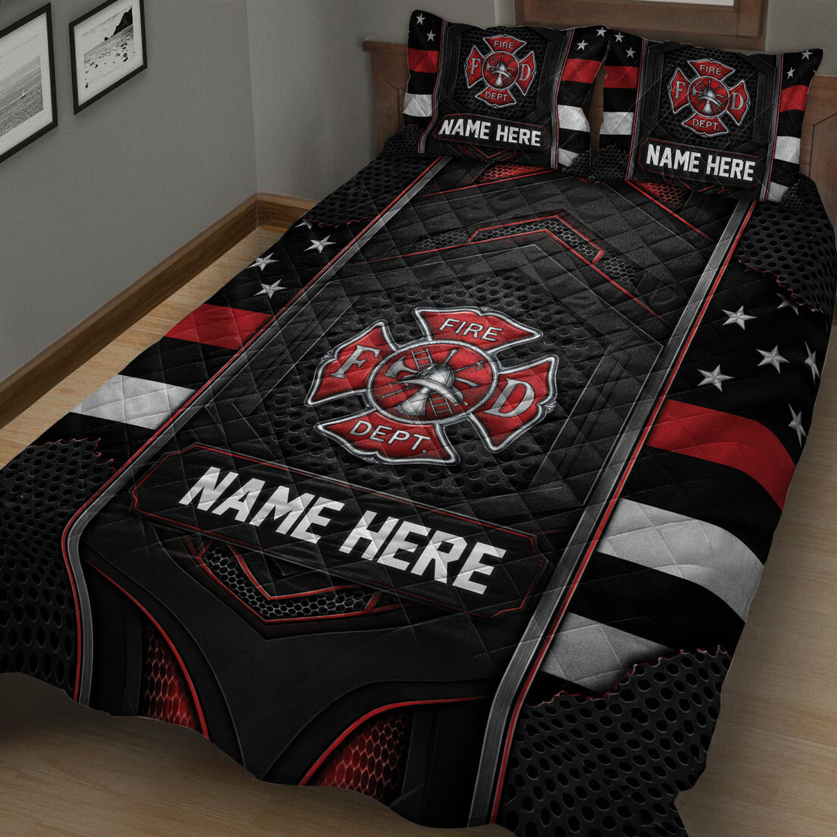 Close bedroom view of a black and red firefighter quilt with fire department emblem design