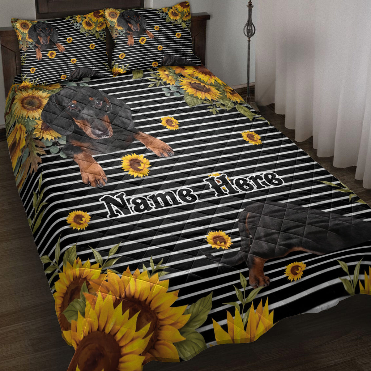 Dachshund quilt blanket with black and white stripes, sunflower accents, and bedroom styling