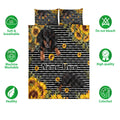 Dachshund quilt bedding set with sunflower artwork, striped black background, and feature icons