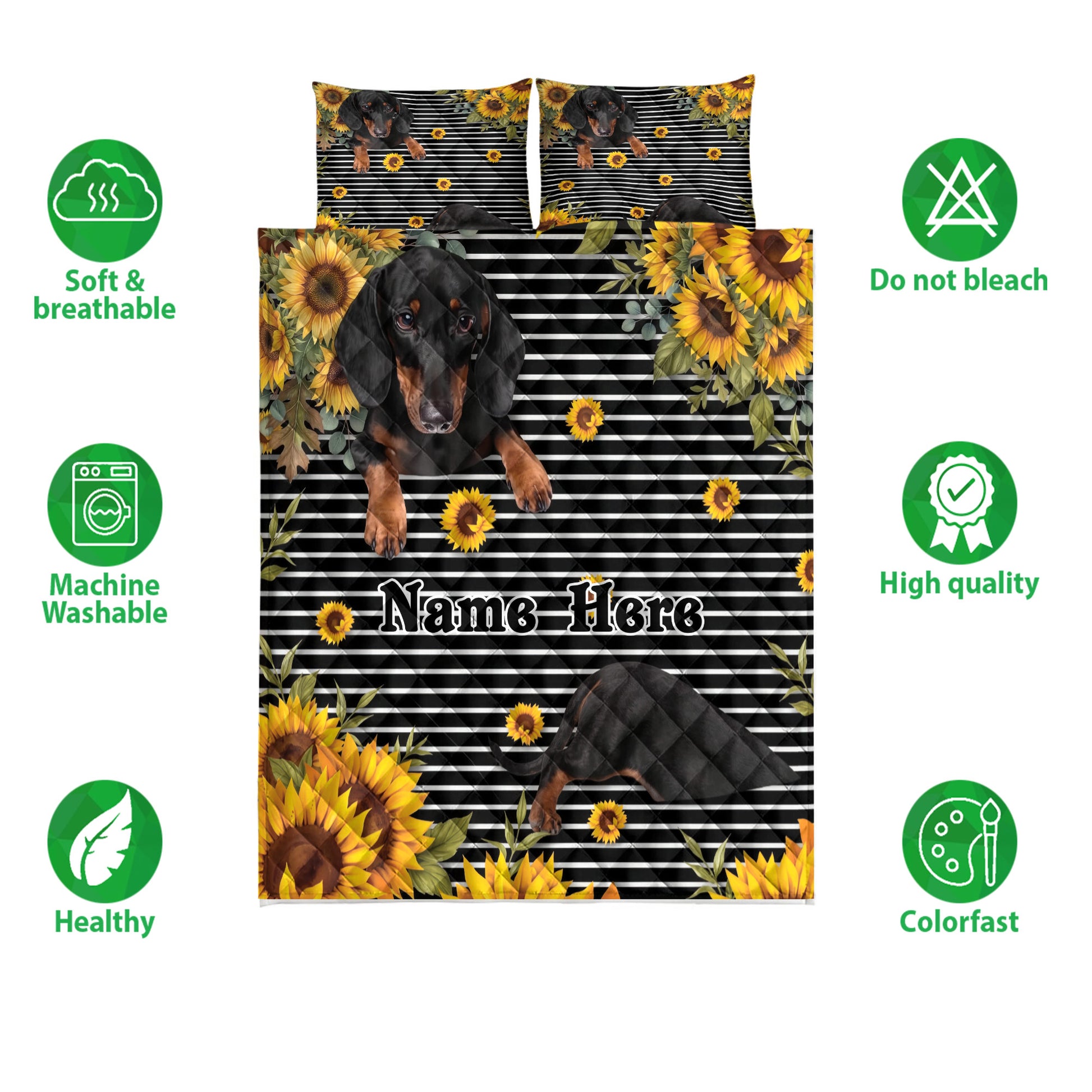 Dachshund quilt bedding set with sunflower artwork, striped black background, and feature icons