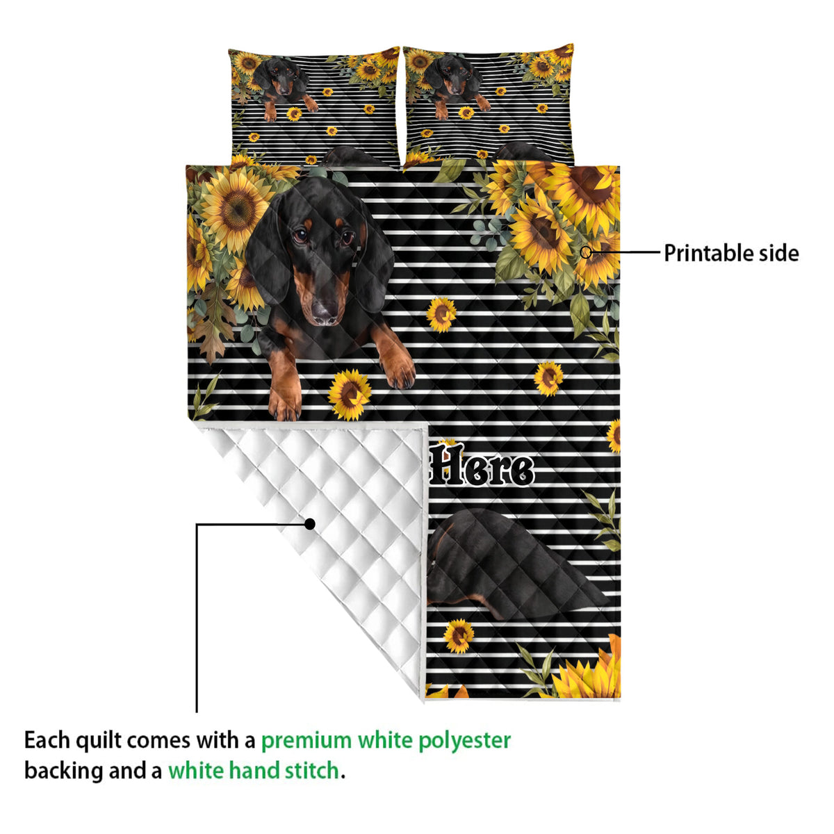 Dachshund quilt blanket showing the printed sunflower design and white quilted reverse
