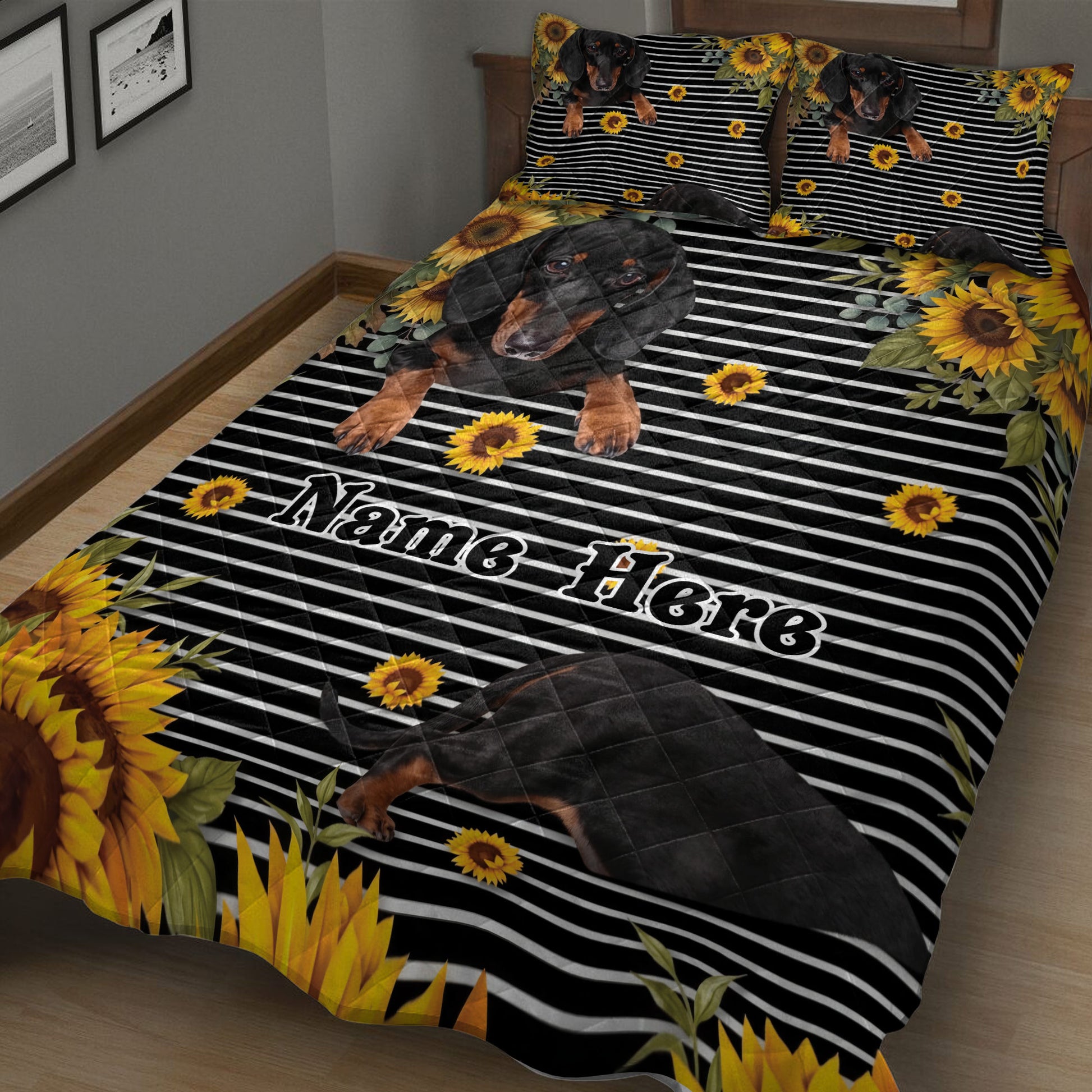 Dachshund quilt blanket featuring a reclining wiener dog, sunflowers, and bold striped bedroom decor