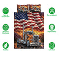 Trucker quilt bedding set with semi truck artwork, patriotic flag design, and product feature icons