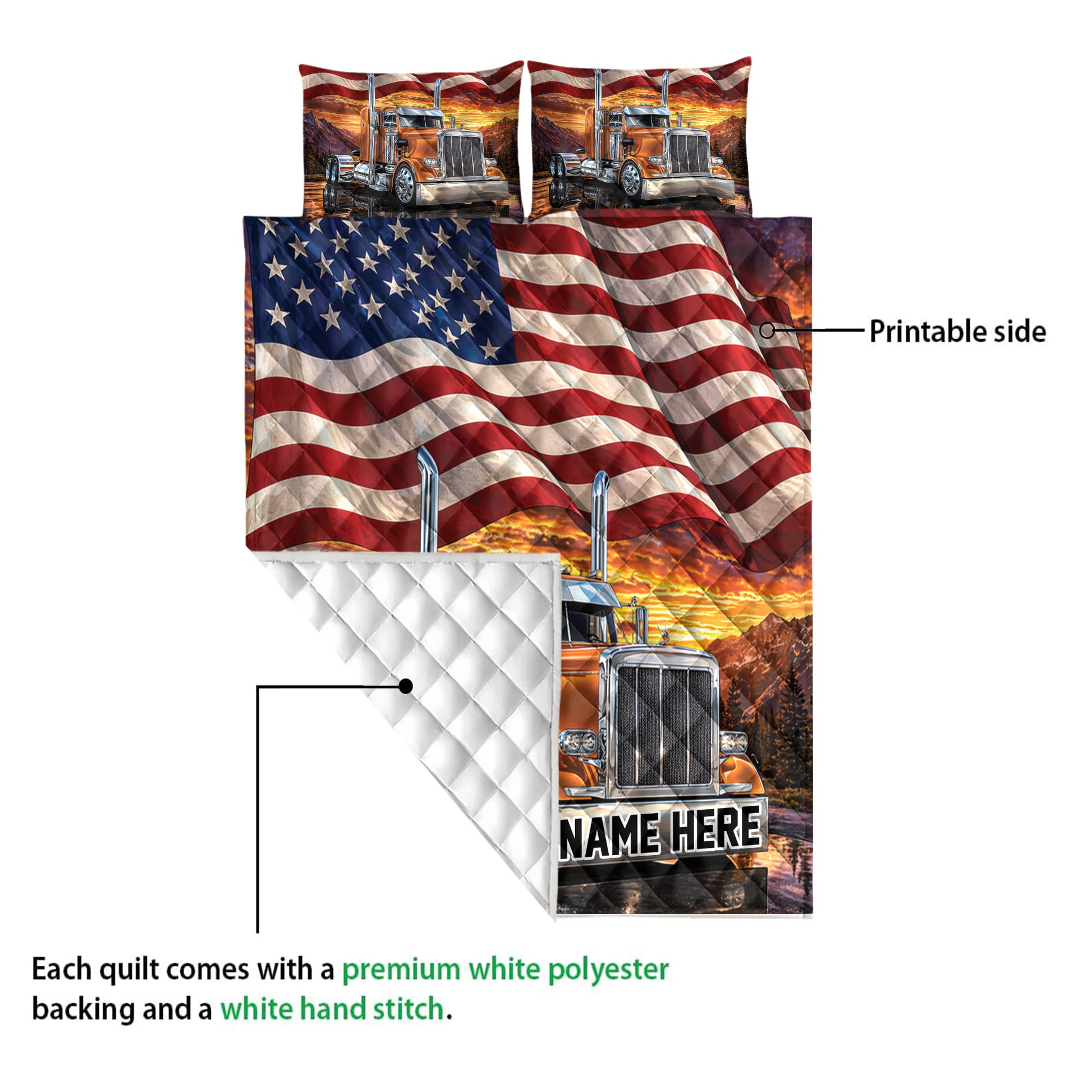 Trucker quilt showing a vibrant semi truck and American flag print with a quilted reverse side