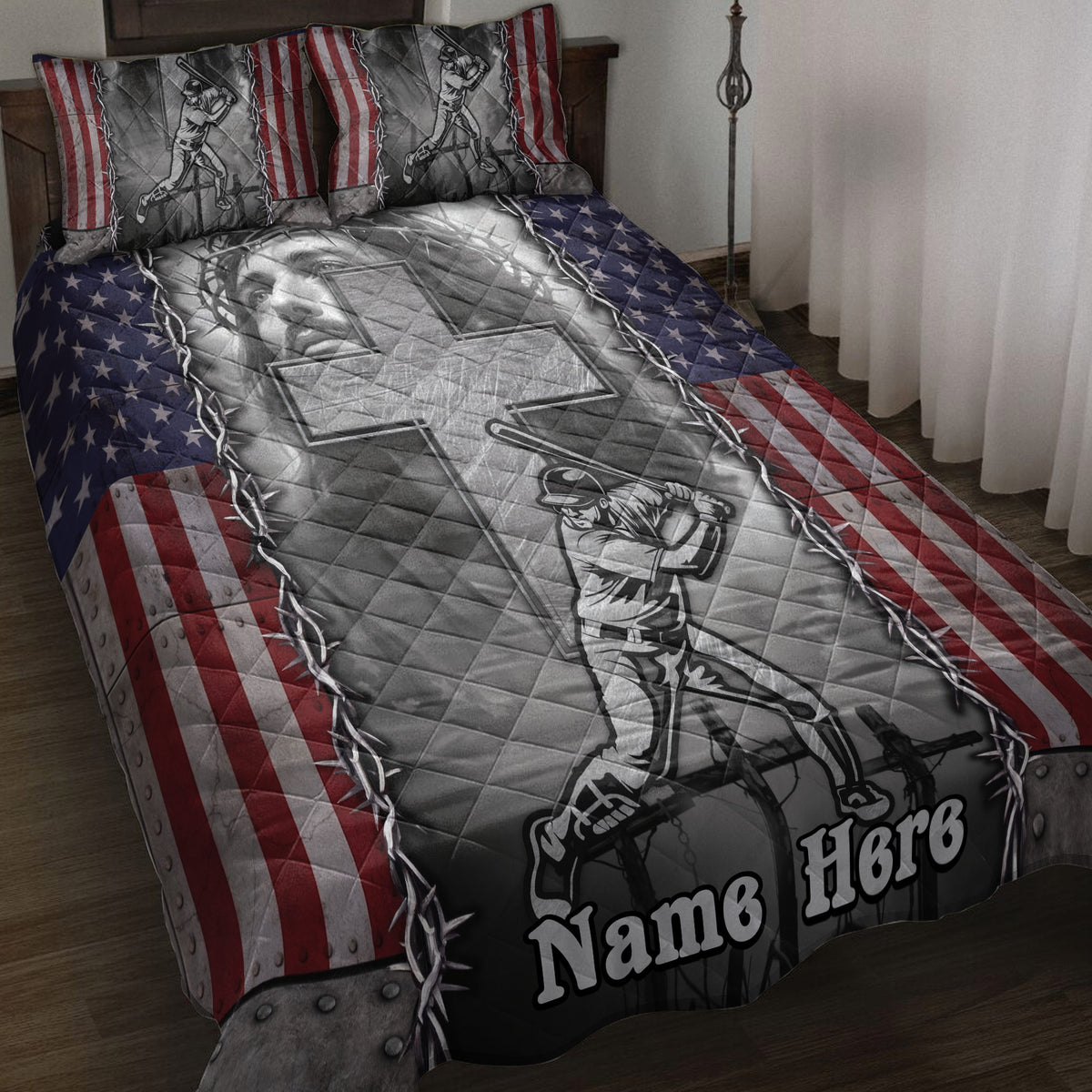 Baseball quilt blanket displayed on a bed with patriotic stars and stripes, ballplayer artwork, and pillowcases