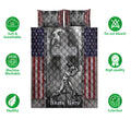 Baseball quilt bedding set shown flat with patriotic artwork, ballplayer illustrations, and product feature icons