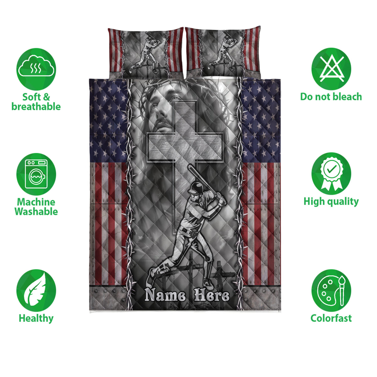 Baseball quilt bedding set shown flat with patriotic artwork, ballplayer illustrations, and product feature icons