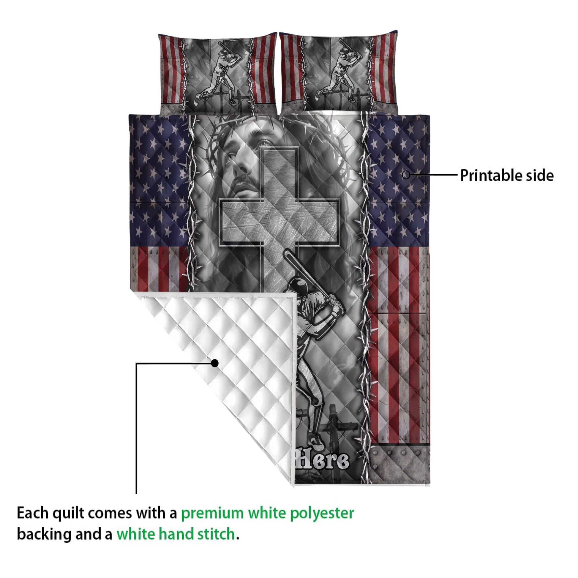 Baseball quilt showing the printed front artwork and white quilted backing in a construction detail view