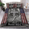Baseball quilt blanket styled on a bedroom bed with patriotic colors, ballplayer artwork, and decorative pillowcases