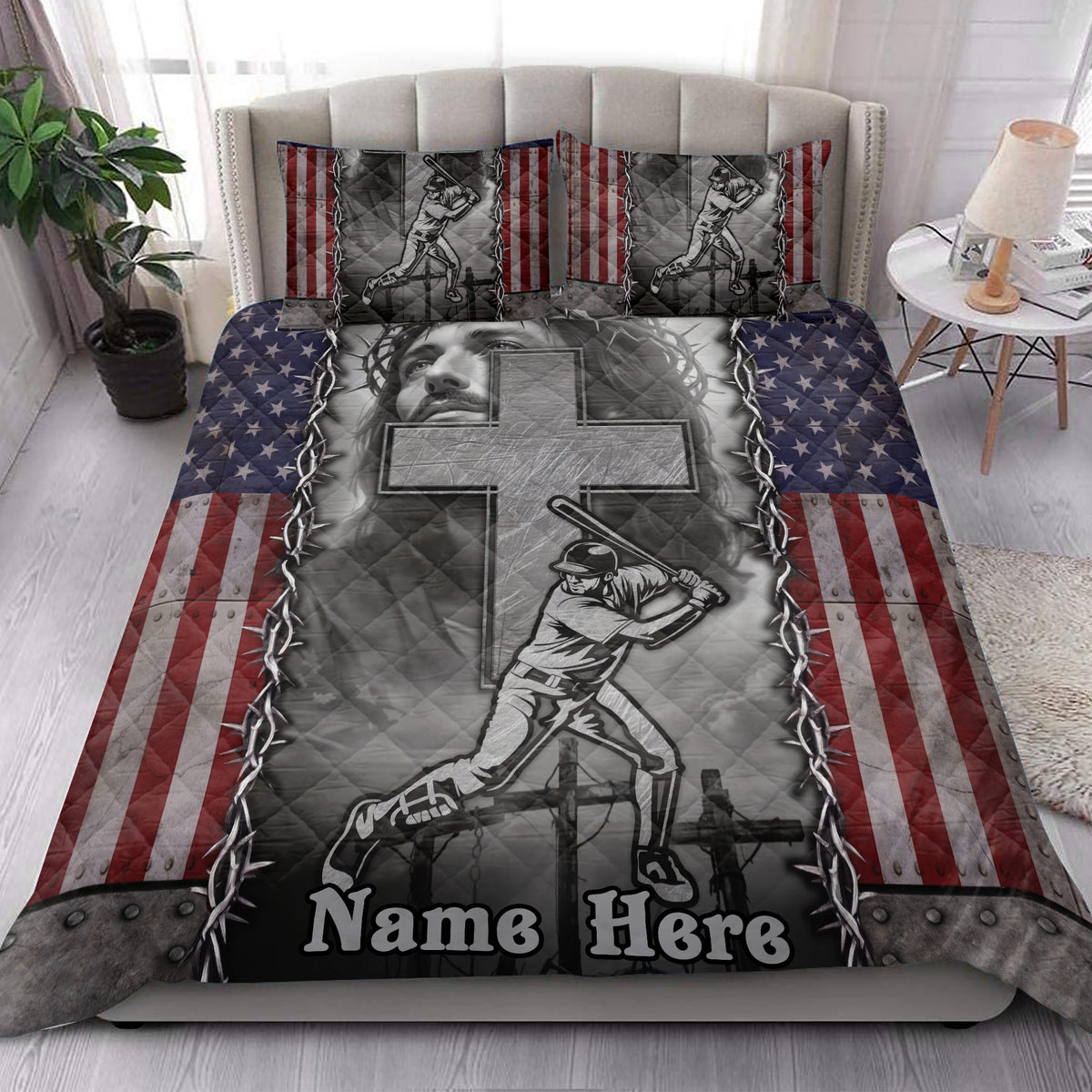 Baseball quilt blanket styled on a bedroom bed with patriotic colors, ballplayer artwork, and decorative pillowcases