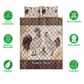 Chicken quilt bedding set shown with rooster and hen artwork, soft neutral tones, and feature icons