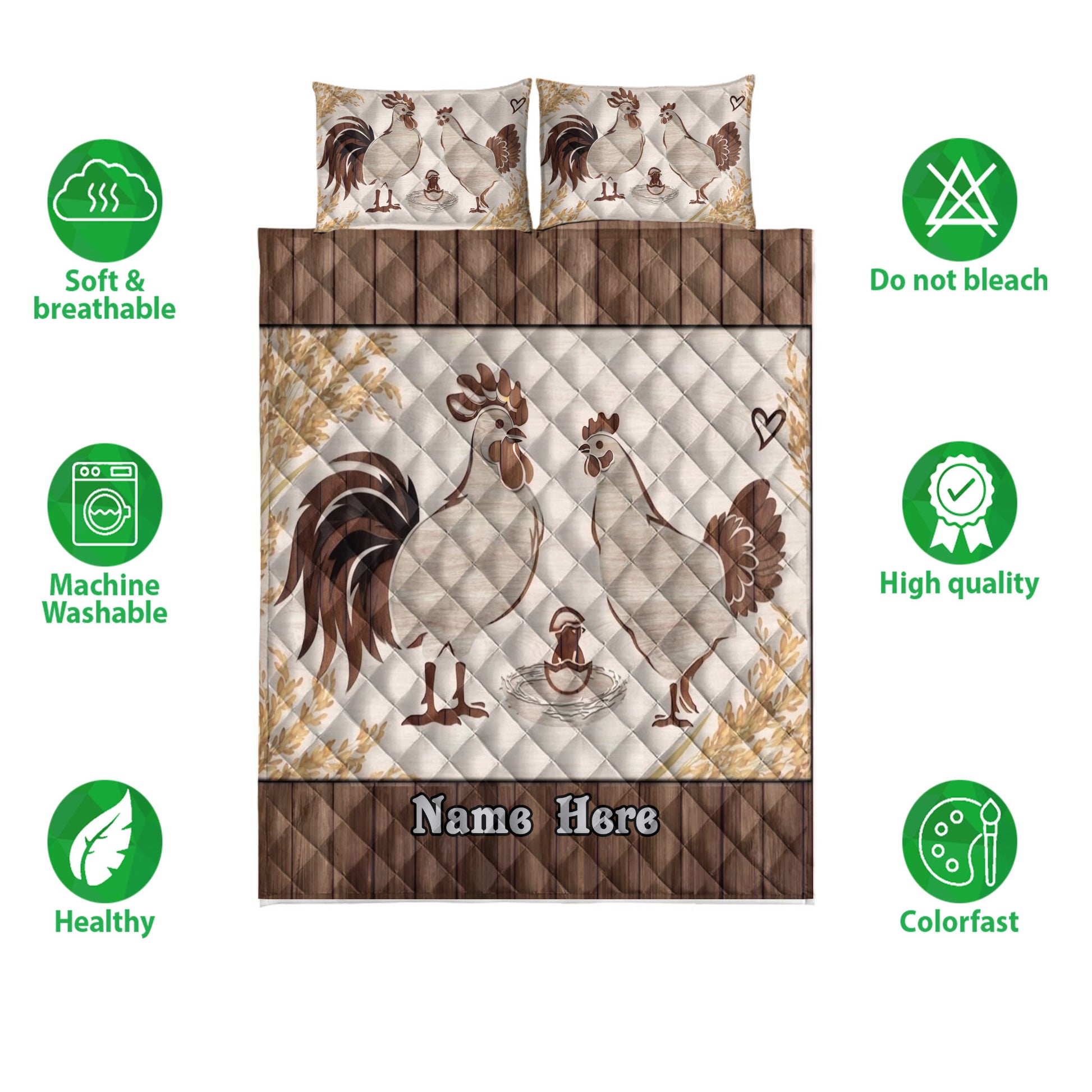 Chicken quilt bedding set shown with rooster and hen artwork, soft neutral tones, and feature icons