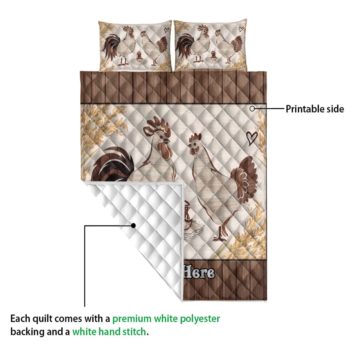 Chicken quilt showing printed rooster and hen artwork with a white quilted backing detail