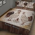 Close bedroom view of a chicken quilt blanket featuring a rooster, hen, nest, and woodland border