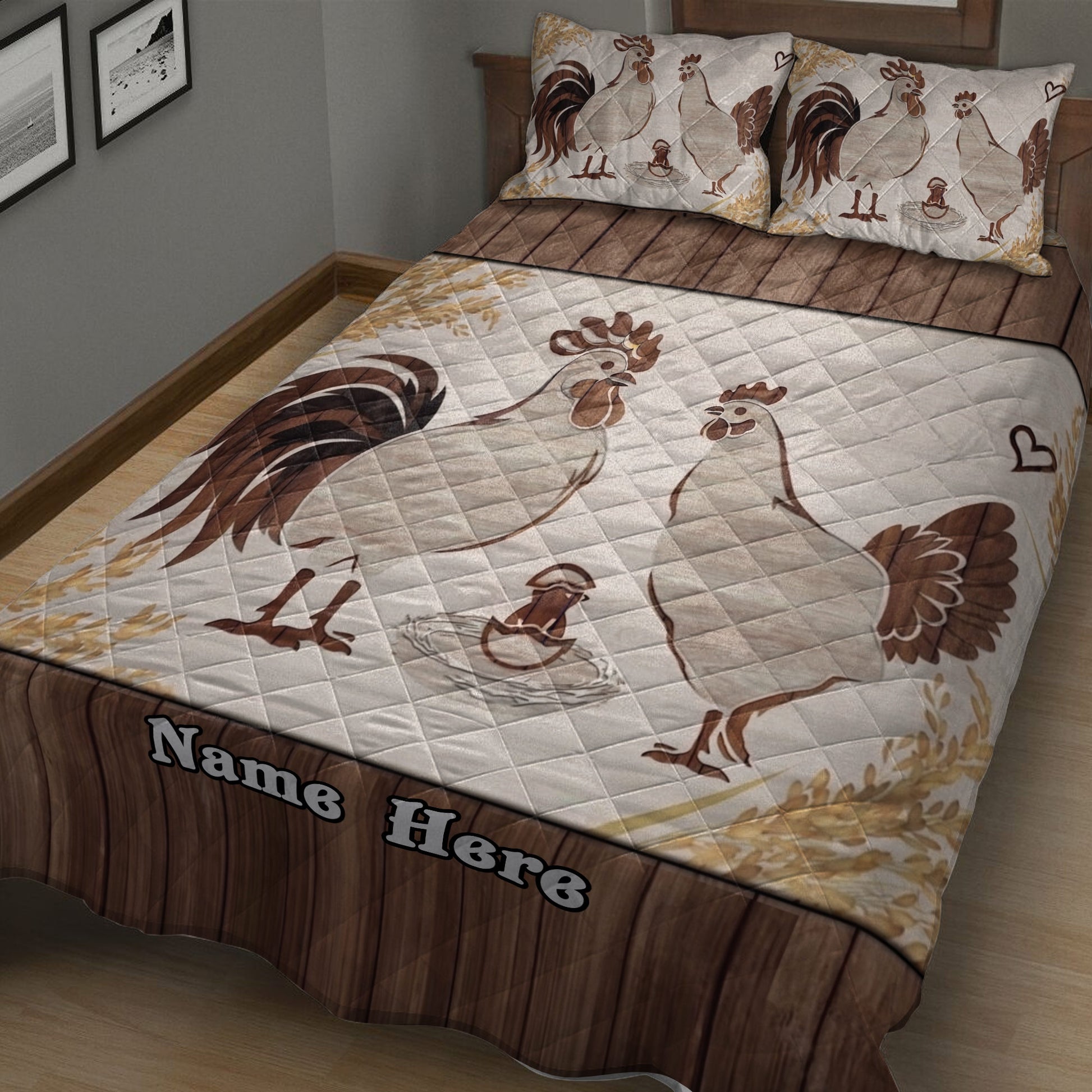Close bedroom view of a chicken quilt blanket featuring a rooster, hen, nest, and woodland border