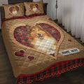 Rough Collie quilt blanket displayed on a bed with heart portraits, red tartan, and snowflake artwork