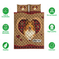 Rough Collie quilt bedding set shown flat with heart artwork, tartan trim, and care feature icons