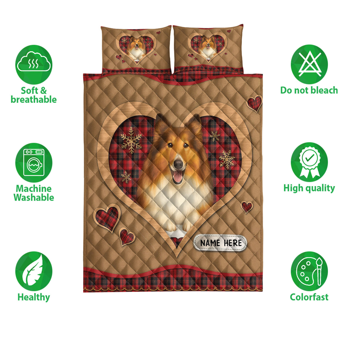 Rough Collie quilt bedding set shown flat with heart artwork, tartan trim, and care feature icons
