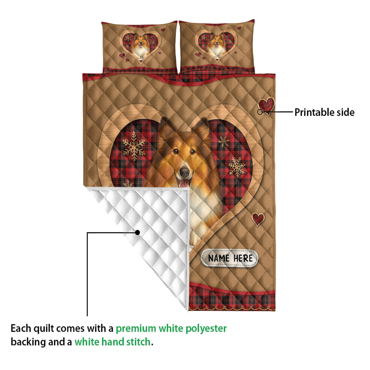 Rough Collie quilt blanket showing the printed front and white quilted reverse