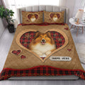 Rough Collie quilt bedding styled in a bright bedroom with heart portraits and red tartan accents