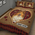 Rough Collie quilt blanket shown in a bedroom with a large heart-framed dog portrait and tartan border