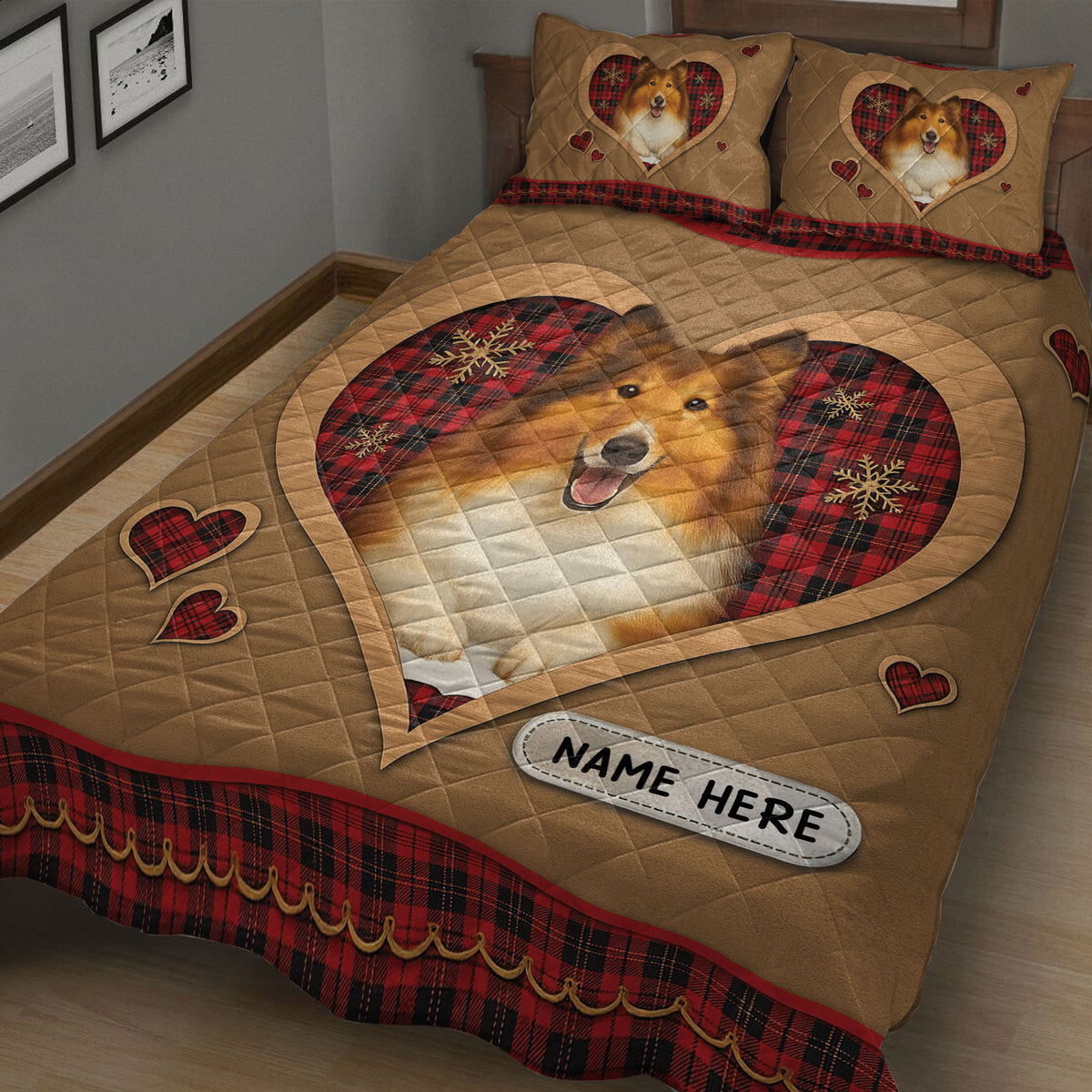 Rough Collie quilt blanket shown in a bedroom with a large heart-framed dog portrait and tartan border
