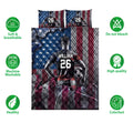 Soccer quilt bedding set shown with player artwork, soccer balls, patriotic colors, and product feature icons