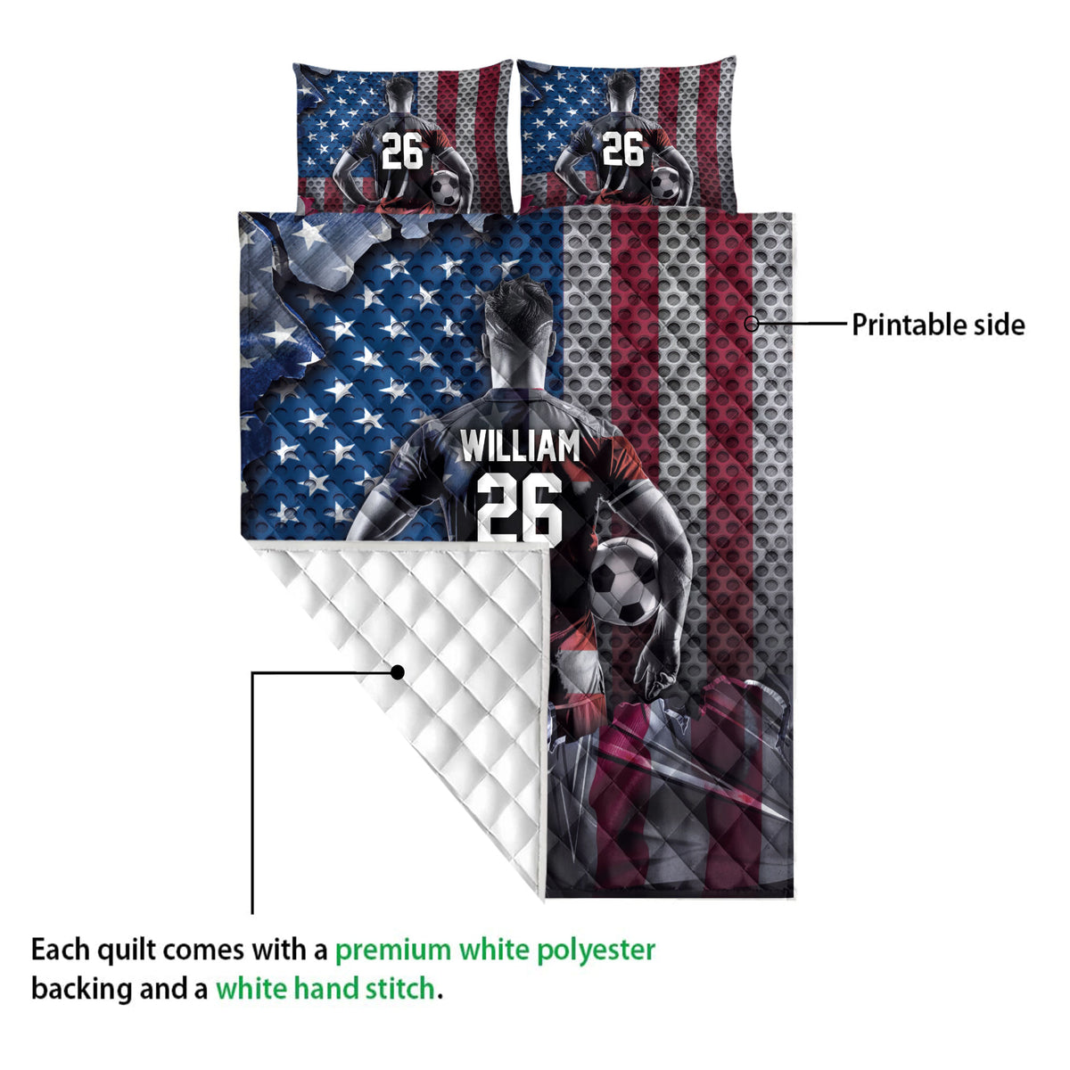 Soccer quilt showing the printed front artwork and white quilted backing in a construction detail view