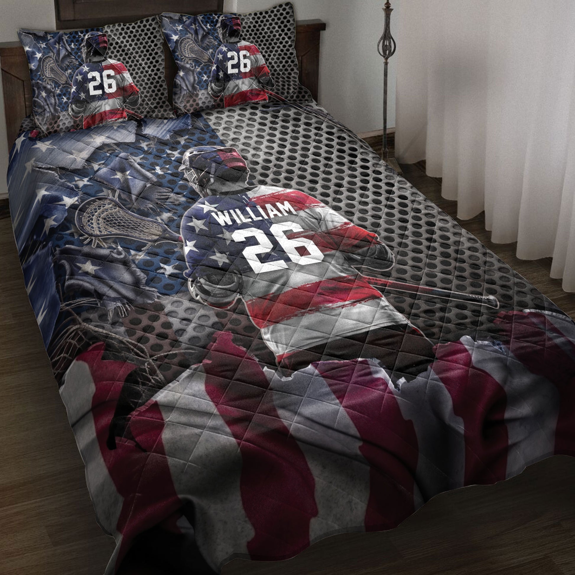 Lacrosse quilt blanket displayed on a bed with patriotic red, white, and blue player artwork