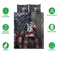 Lacrosse quilt bedding set shown with player artwork, soft breathable fabric, and care feature icons