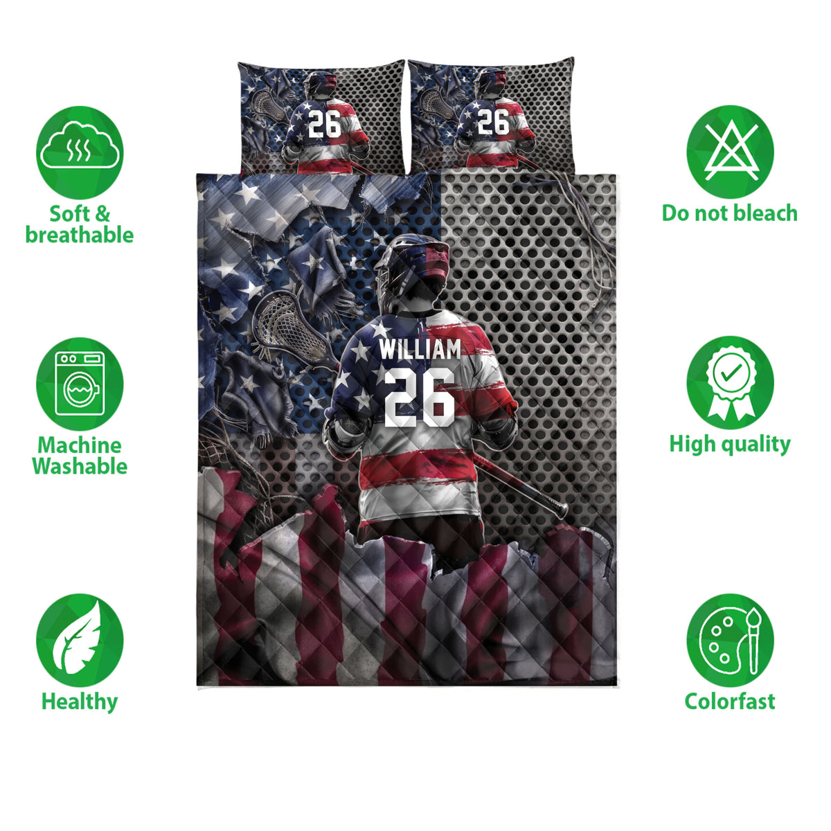 Lacrosse quilt bedding set shown with player artwork, soft breathable fabric, and care feature icons
