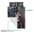Lacrosse quilt showing the printed front, white quilted backing, and player artwork