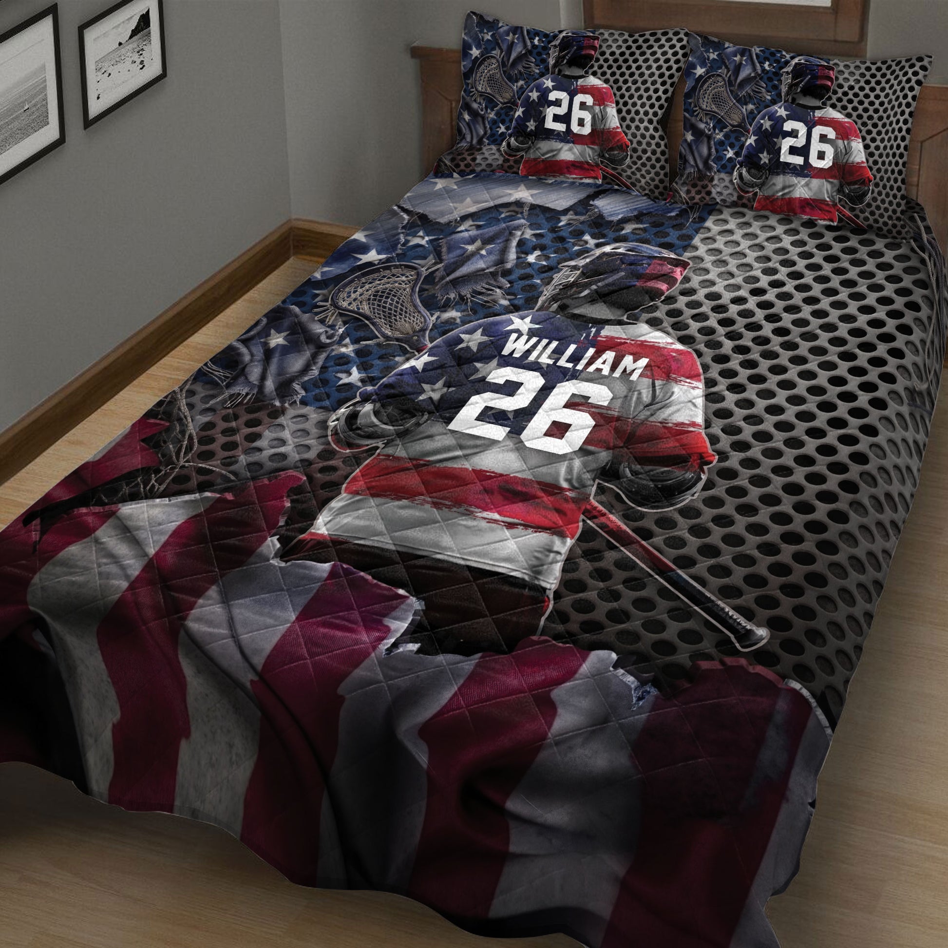 Lacrosse quilt blanket on a bed featuring a helmeted player, sticks, stars, and red and blue tones