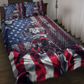 Motocross quilt bedding set displayed on a bed with dirt bike rider artwork and red, white, and blue racing graphics