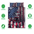 Motocross quilt blanket and pillowcase option shown with dirt bike artwork, star patterns, and red, white, and blue colors