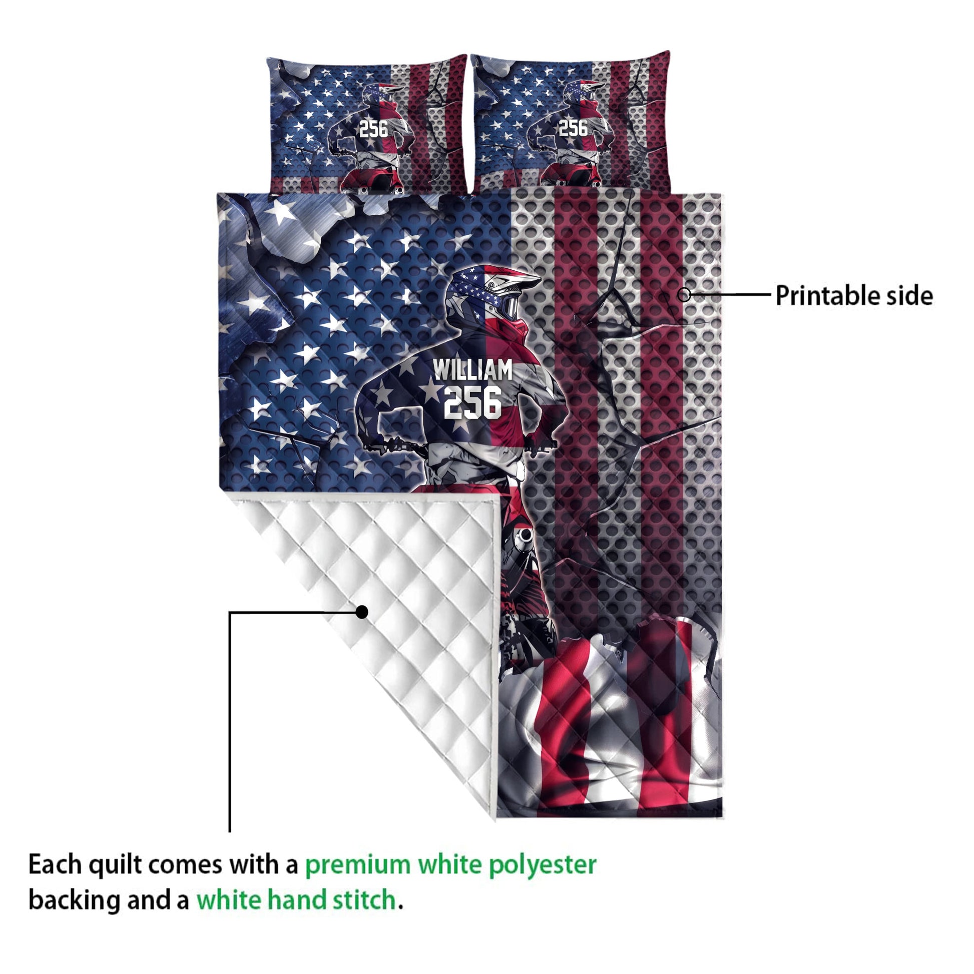 Motocross quilt detail showing the printed rider design, quilted backing, and white stitched underside