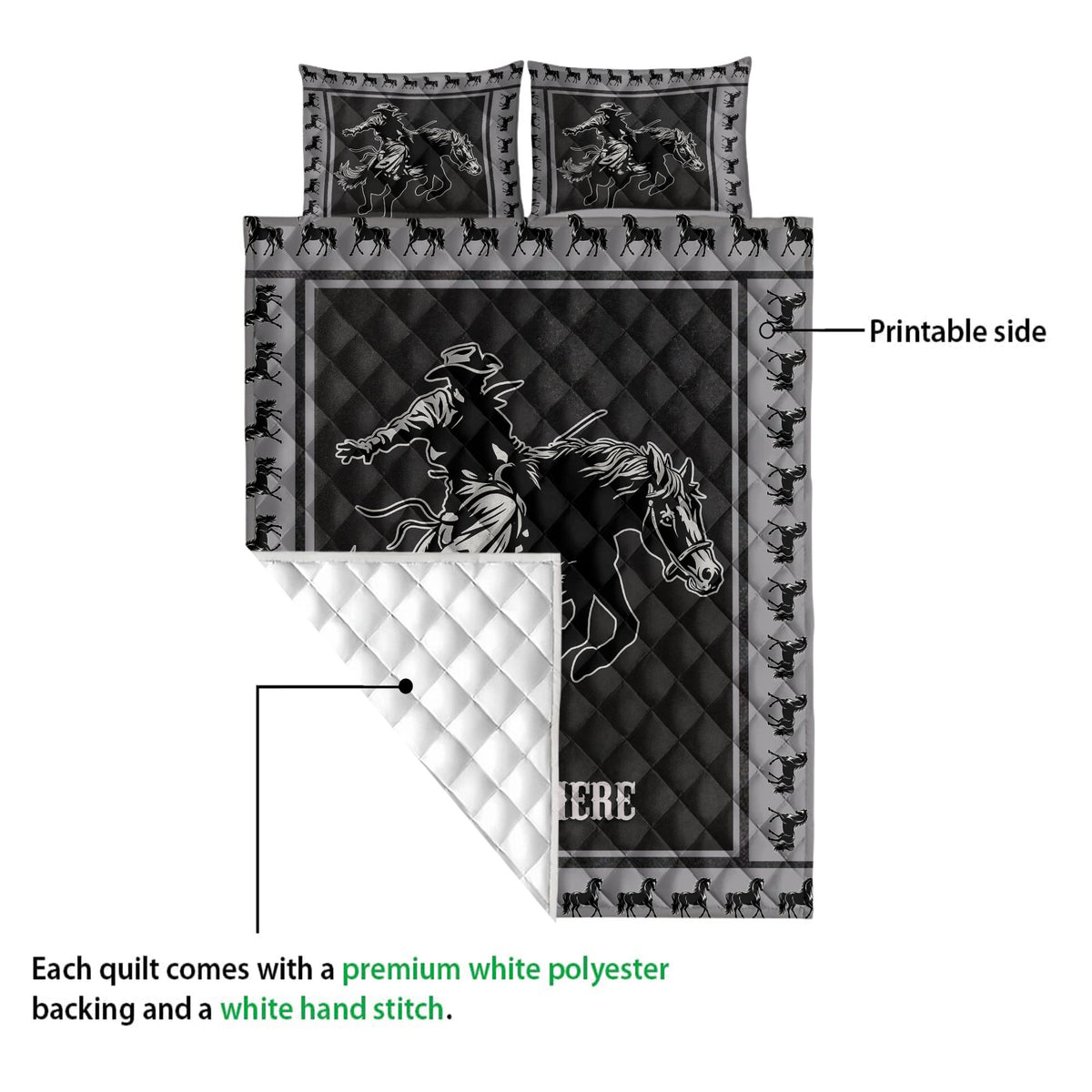 Rodeo quilt showing the printed cowboy and horse design with a white quilted backing detail