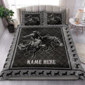 Rodeo quilt blanket styled in a bright bedroom with cowboy and bucking horse artwork