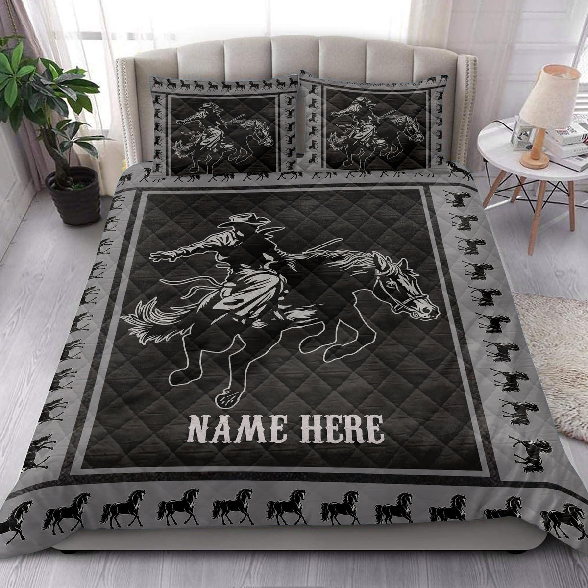 Rodeo quilt blanket styled in a bright bedroom with cowboy and bucking horse artwork