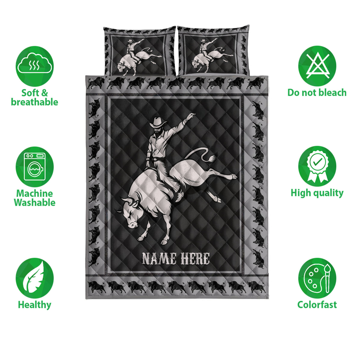 Rodeo quilt bedding set with bucking bull and cowboy artwork, shown with soft breathable care features