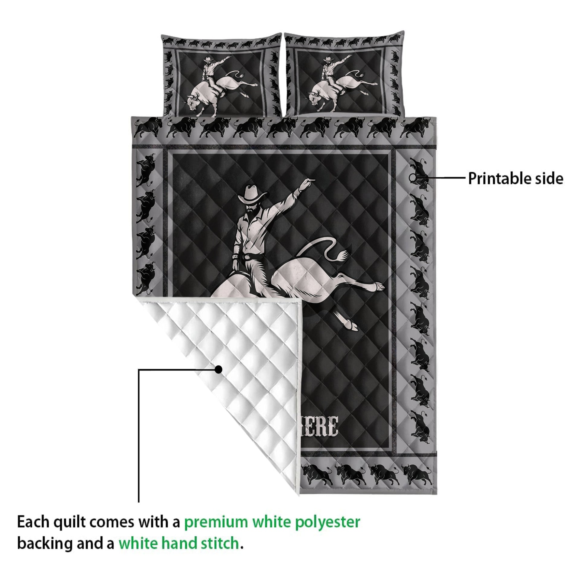 Rodeo quilt blanket showing the printed front and white quilted backing with cowboy bull rider artwork