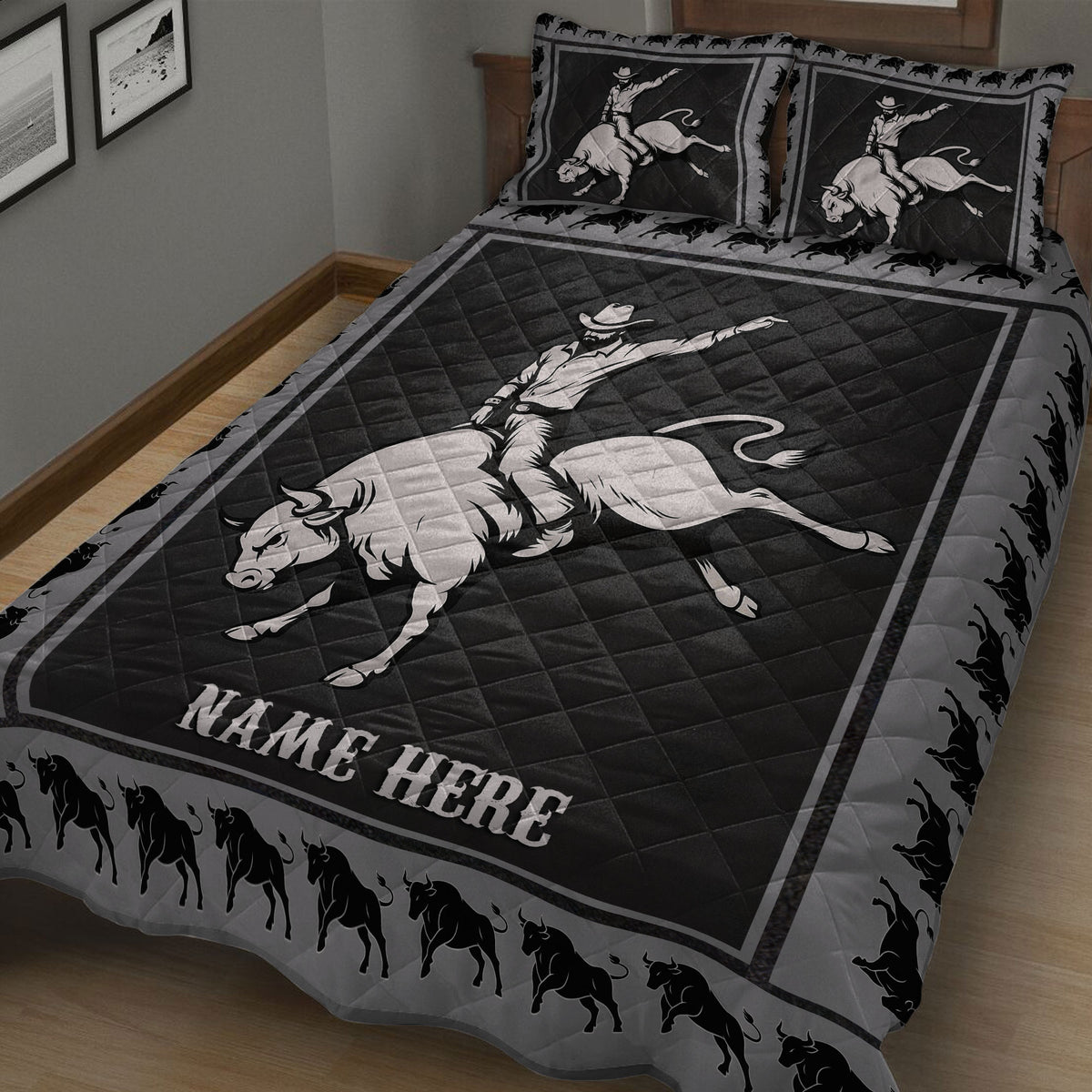 Close view of a rodeo quilt blanket with cowboy bull rider artwork and repeating bull border