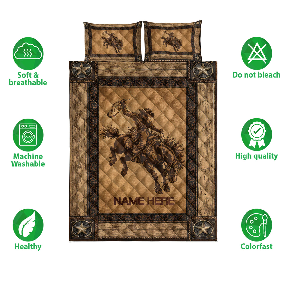 Rodeo cowboy quilt bedding set displayed with care and quality feature icons