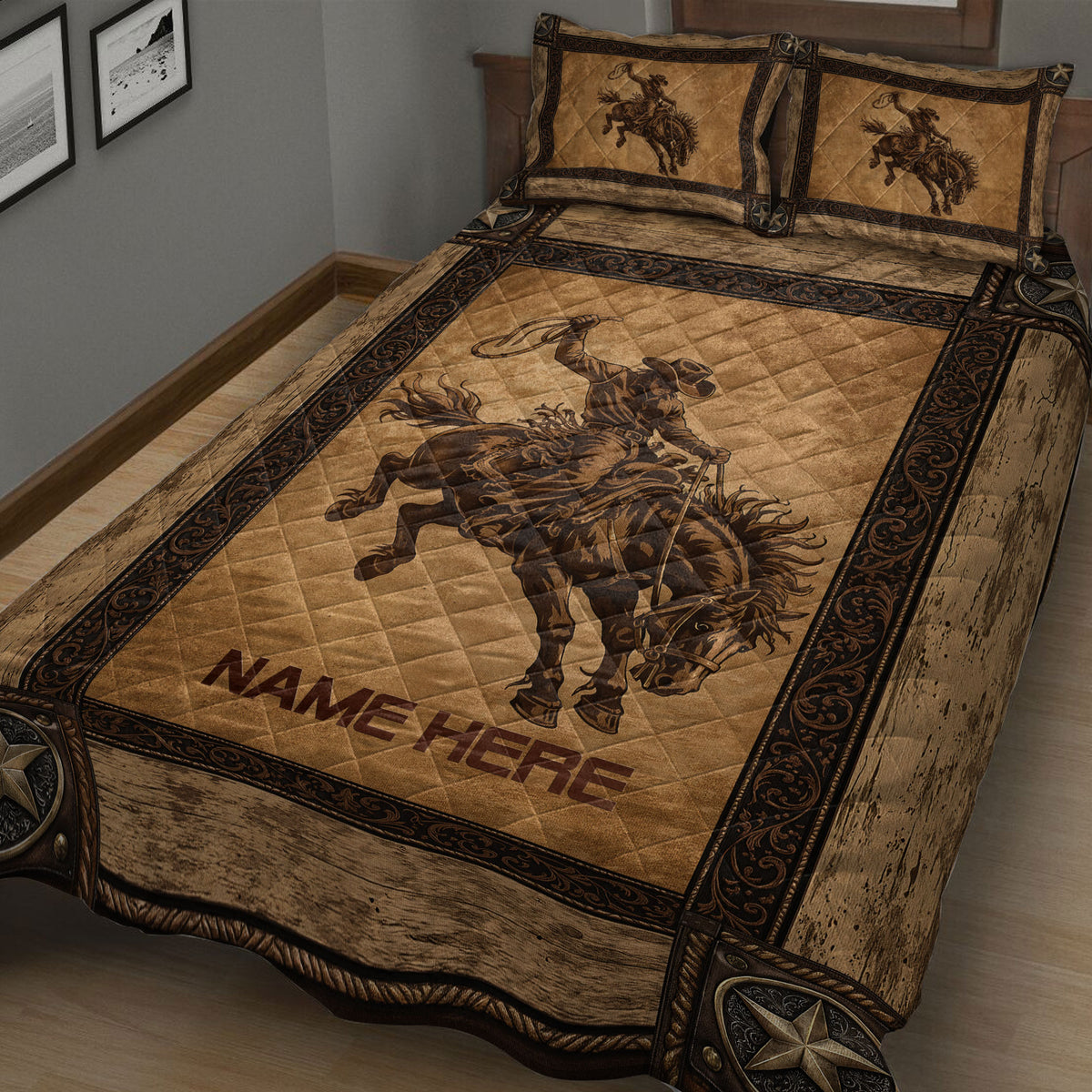 Close view of rodeo cowboy and bucking horse artwork on a rustic Western quilt