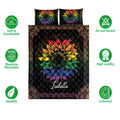 Rainbow sunflower LGBTQ pride quilt bedding set displayed with product feature icons