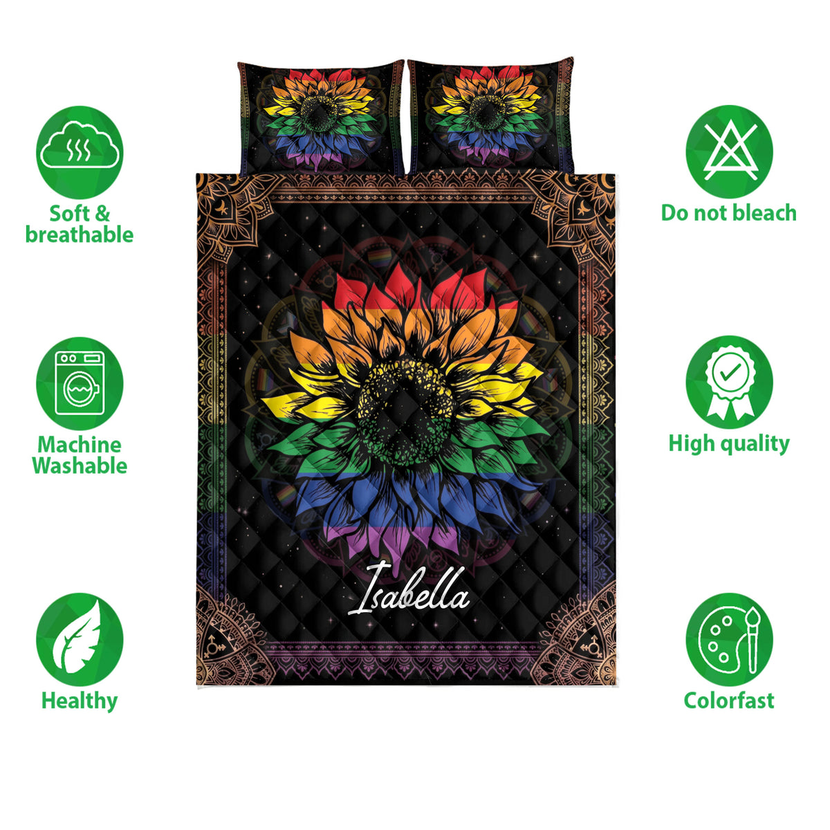 Rainbow sunflower LGBTQ pride quilt bedding set displayed with product feature icons