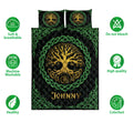 Tree of Life quilt bedding set shown with golden tree artwork, green knot borders, and product feature icons