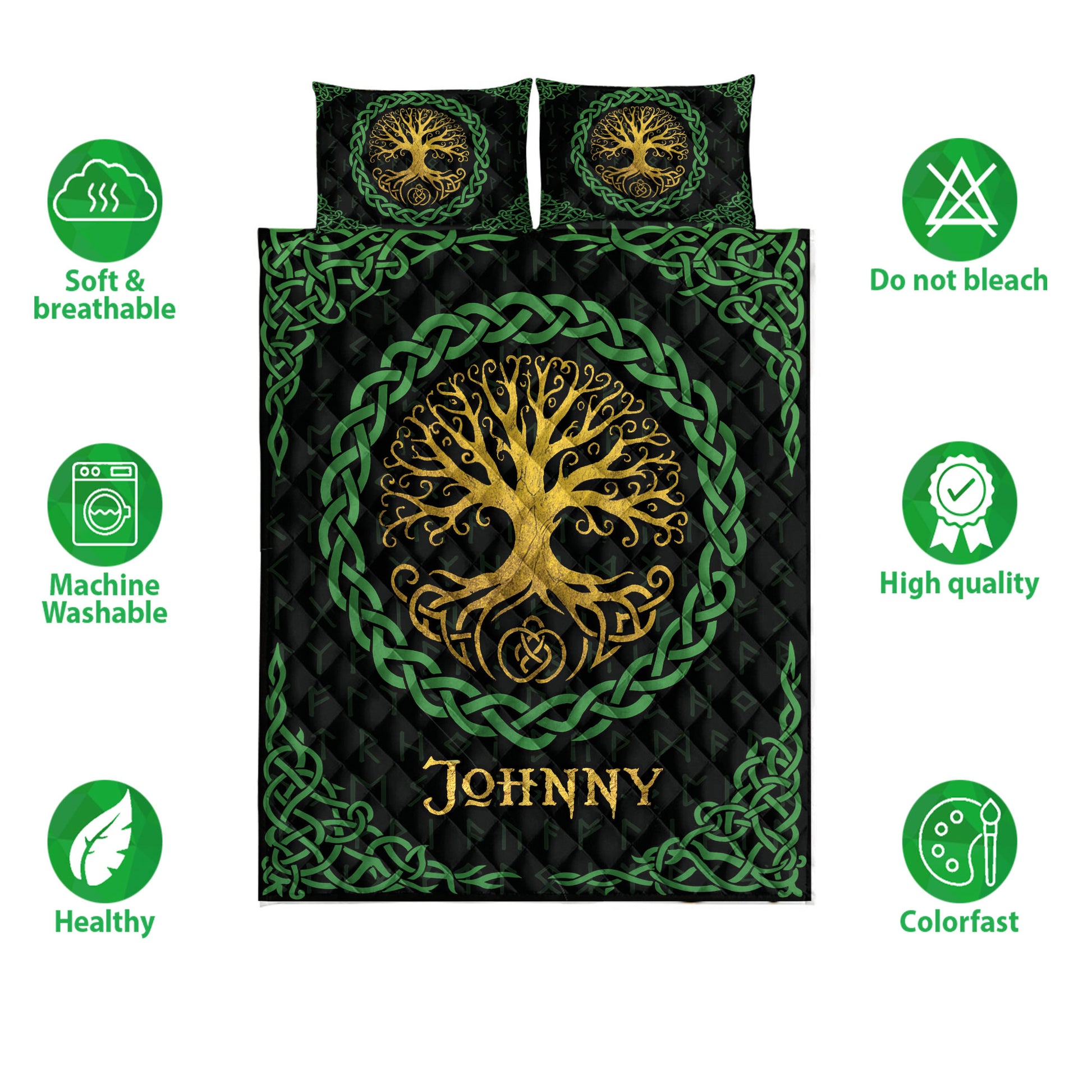 Tree of Life quilt bedding set shown with golden tree artwork, green knot borders, and product feature icons