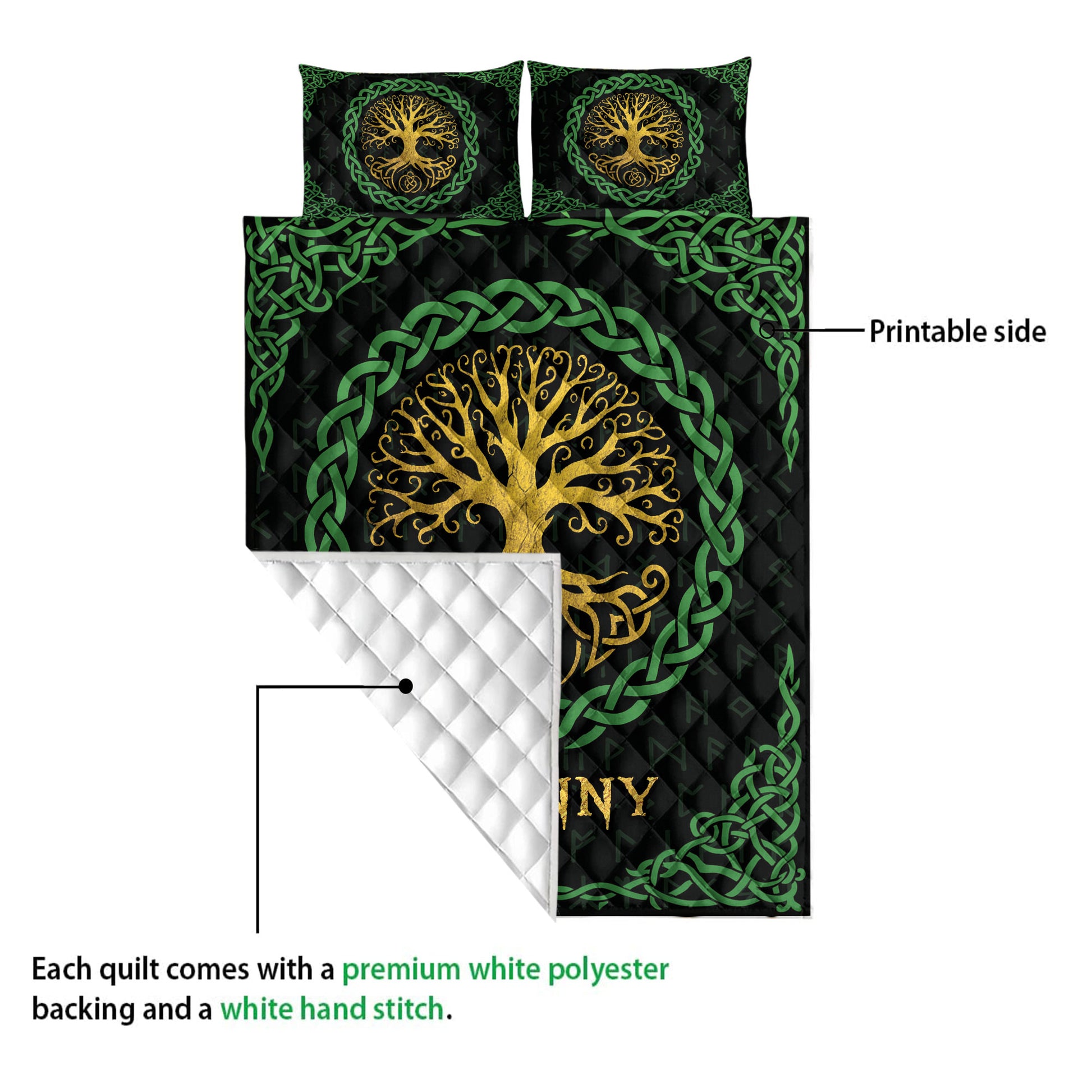 Tree of Life quilt showing the printed front design, quilted construction, and white reverse backing