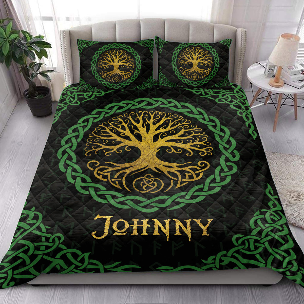 Tree of Life quilt bedding styled in a bright bedroom with golden tree artwork and green Celtic borders